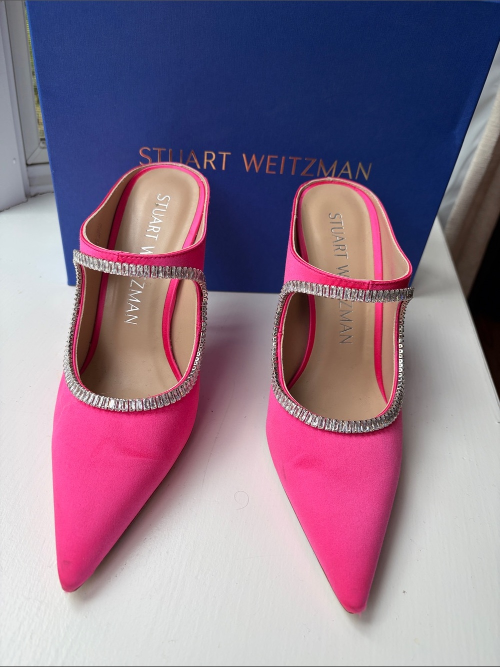 Stuart Weitzman Magenta Curve Satin Crystal-Trim Pointed-Toe Heels - Picture 2 of 13